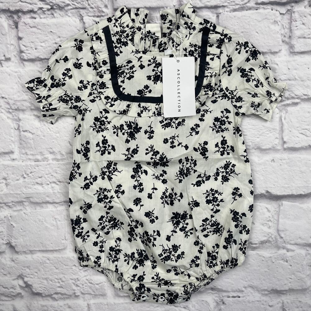 D0051 Black Flora Short Sleeve Romper Ruffle Collar size 12 mo